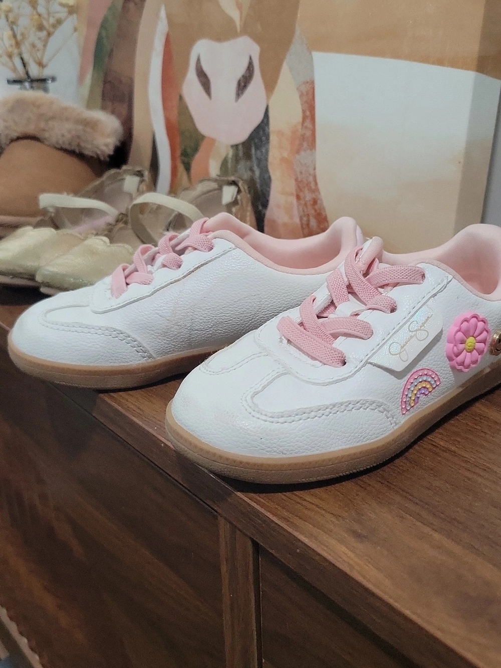 Jessica Simpson White Sneakers with Pink Accents and Rainbow Flower Appliqués